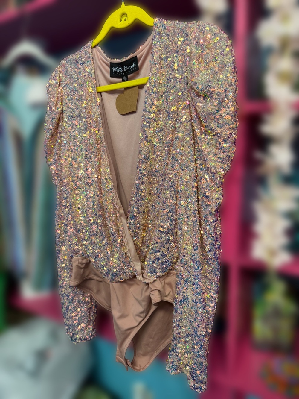 white birch Iridescent Sequin Pink Bodysuit